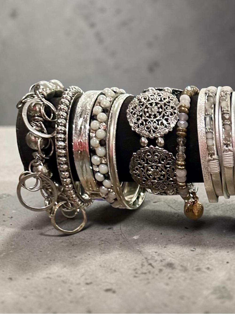 Signature Faith Boho Silver White Beaded Bracelet Stack Set filigree metallic